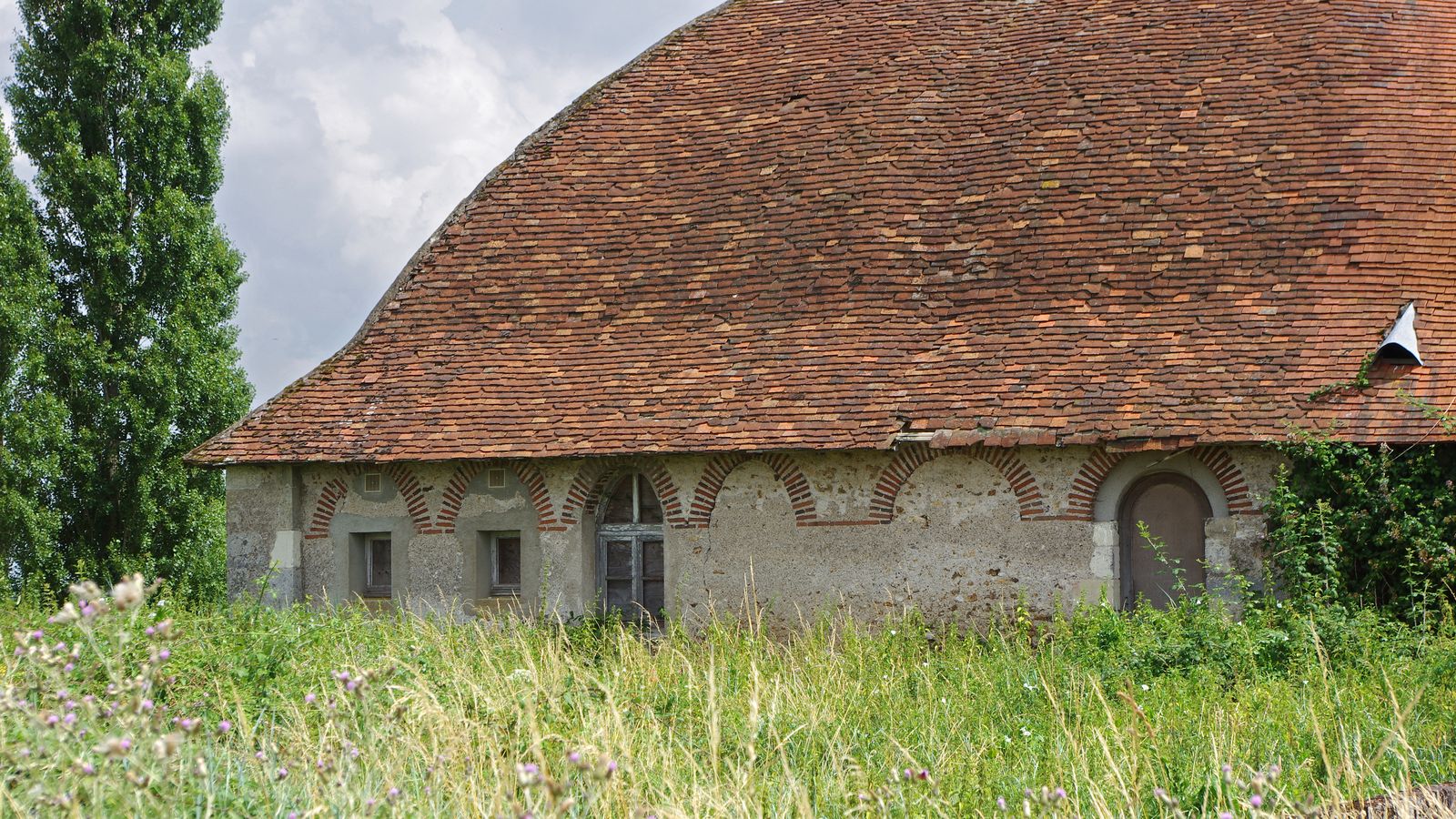 Ancienne grange au toit de tuiles au milieu d'un grand terrain en herbe