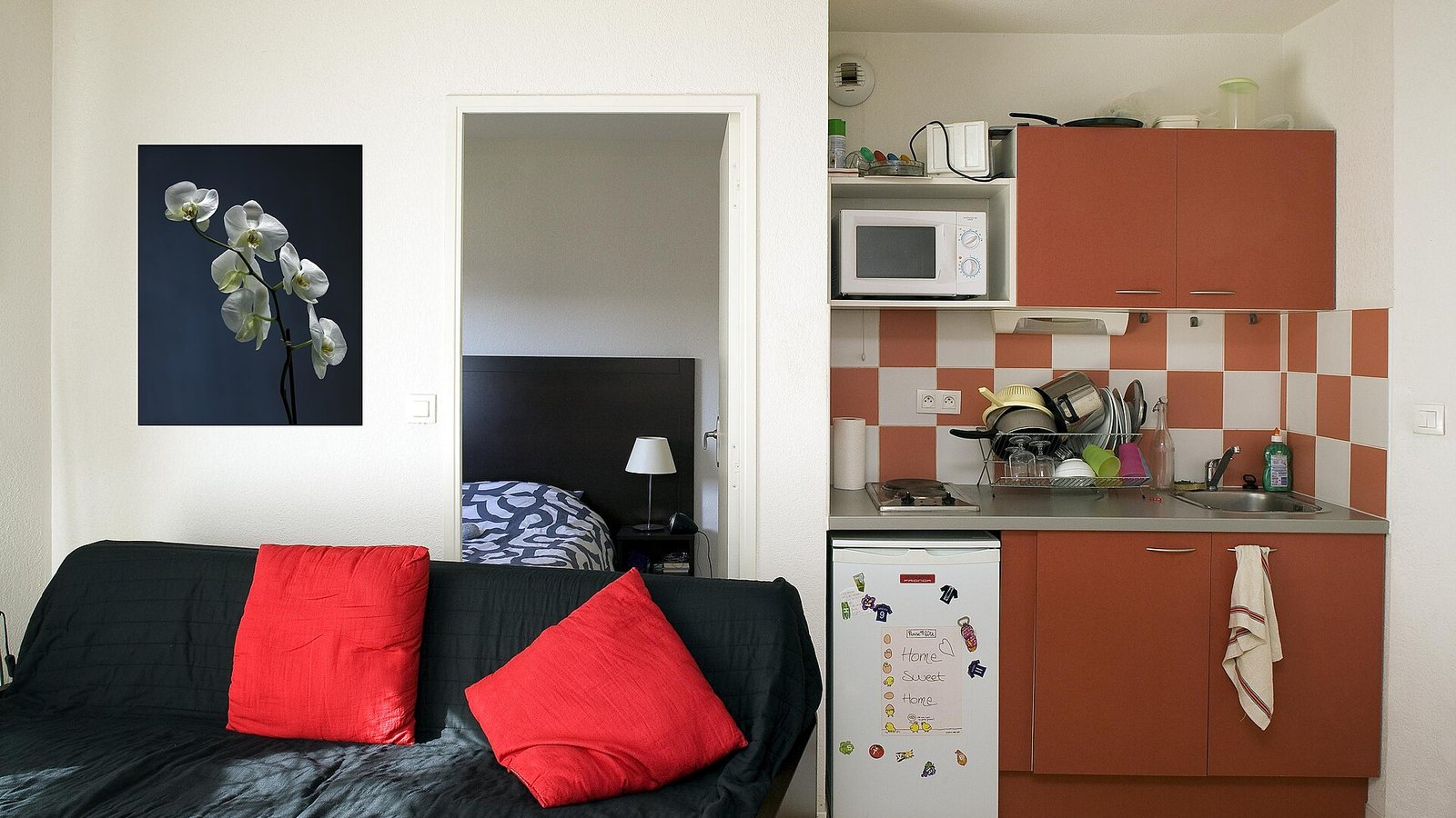 Studio meublé avec canapé, coin cuisine équipé et chambre au fond