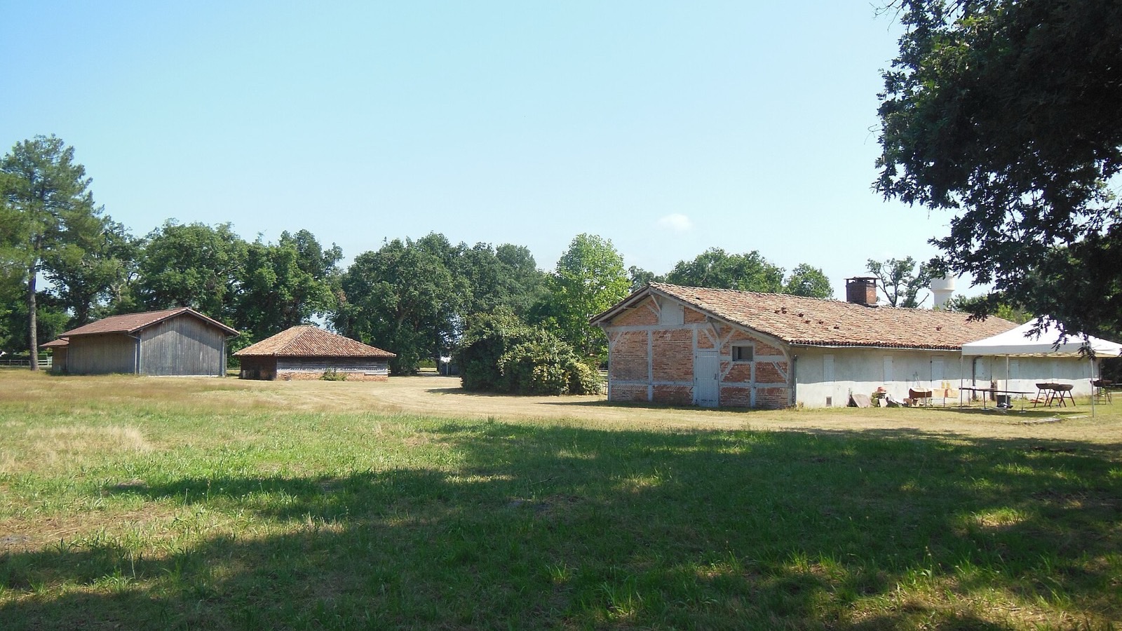 Petites maisons basses à colombages et en bois posées sur un grand terrain en herbe, entouré de chênes et de pins