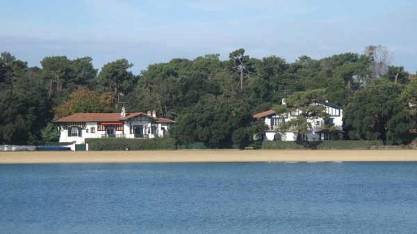 White half-timbered villas on the shore of Lake Hossegor, among pine trees